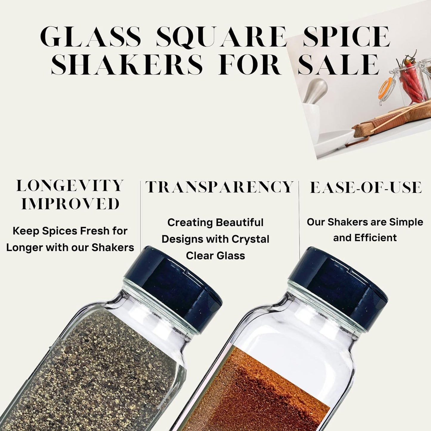 JARMING COLLECTIONS Glass Spice Jars with Shaker Lids - Spice Jars 8oz for Food Storage, Spice Containers for Kitchen Organization and Storage, Glass Organizing Bottles (French Square 8oz Blackx3)