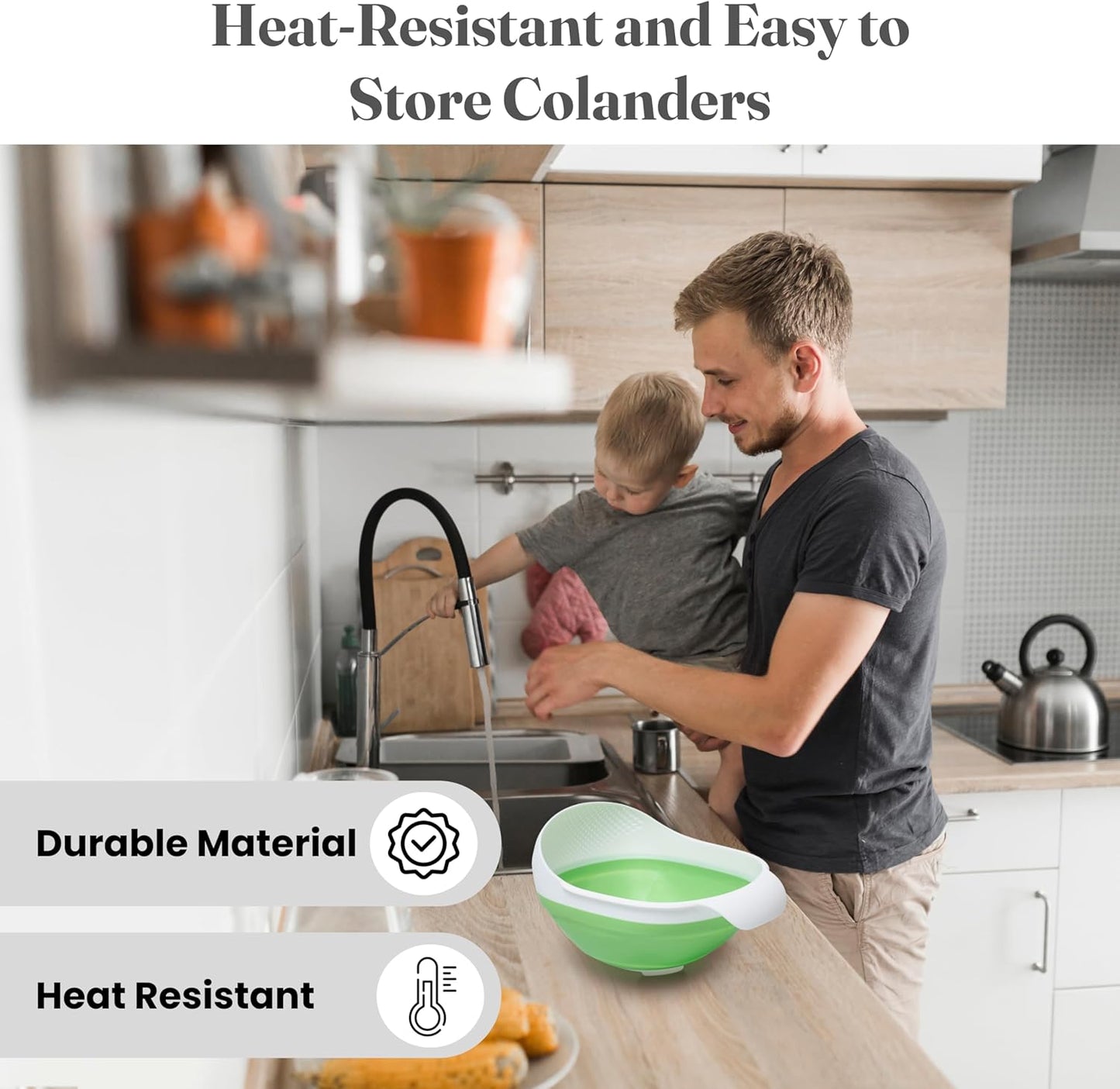 Kitchen Gizmo Collapsible Rice Strainer - Silicone Rice Washer Strainer Bowl - BPA Free - Space Saving Design - Lightweight and Easy to Clean - 5.5 to 3.15 Inches High - Green/Grey