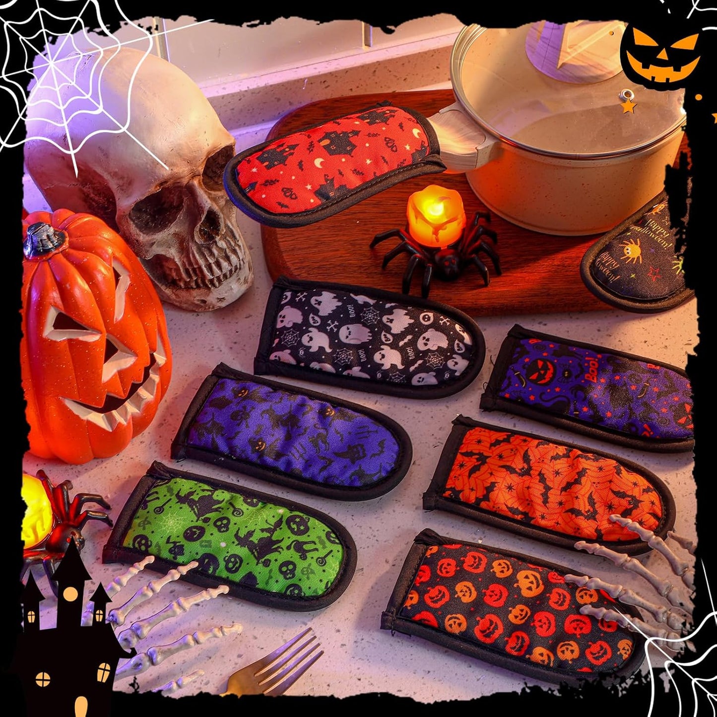 Patelai 8 Pieces Halloween Cast Iron Skillet Handle Covers Pan Handle Holder Sleeve Heat Resistant Non Slip Skillet Pot Holders for Halloween Kitchen Cooking BBQ Baking Cookware, 8 Scary Styles