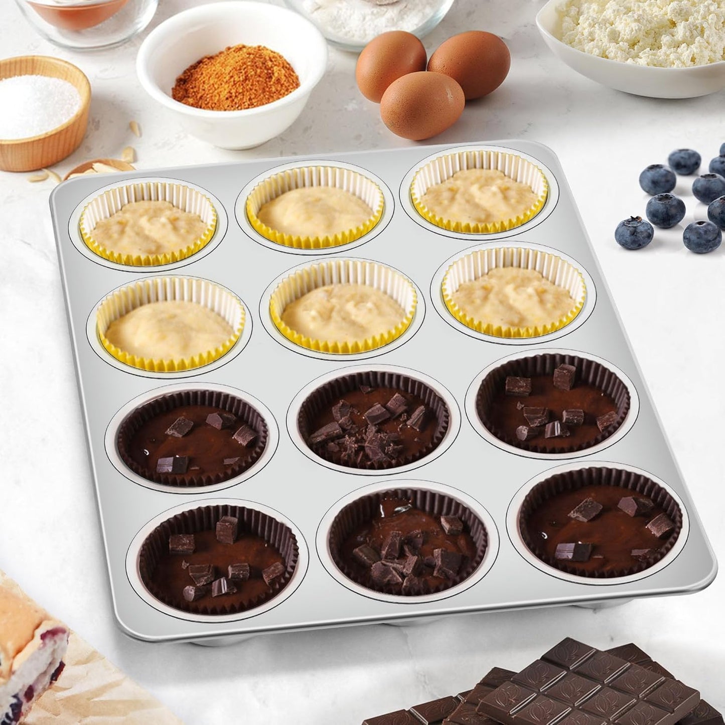 Homikit 2 Pack Muffin Pan, Stainless Steel Cupcake Tin with 12 Cups Regular Size, 13.8" x 10.4" Nonstick Metal Egg Bites Tray for Oven Baking, Non Toxic & Rust Free, Easy Release & Dishwasher Safe