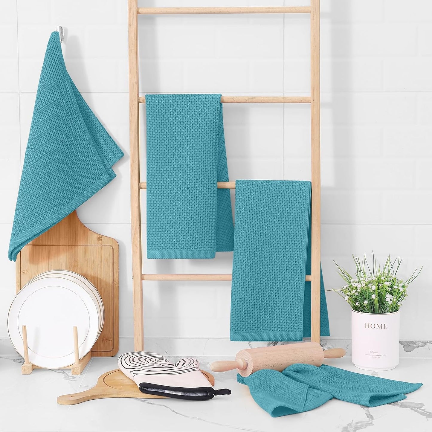 Homaxy 100% Cotton Waffle Weave Kitchen Dish Towels, Ultra Soft Absorbent Quick Drying Cleaning Towel, 13 x 28 Inches, 4-Pack, Lake Blue