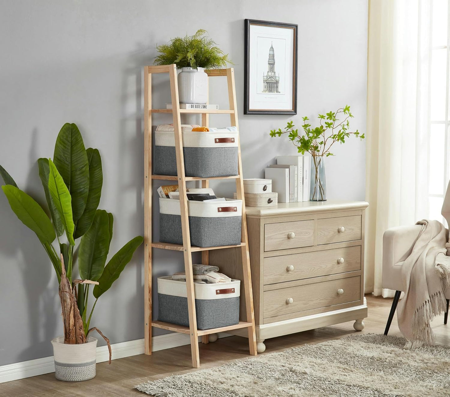 DECOMOMO Storage Baskets for Shelves - Fabric Storage Bins, Linen Closet Organizers and Storage (Slate Grey & White, Large - 3 Pack)