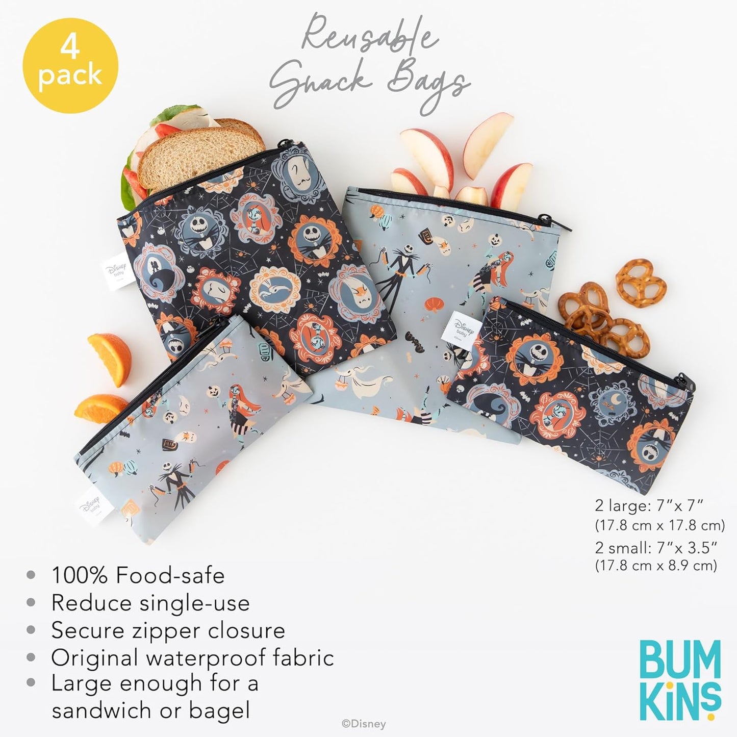 Bumkins - Cloth Snack & Sandwich Bags - For Storage, Travel, Food Prep, Lunch - Reusable, Water Resistant, Dishwasher Safe - Snack Bags for Kids - Zipper Closure - Nightmare Before Christmas - 4 Pack
