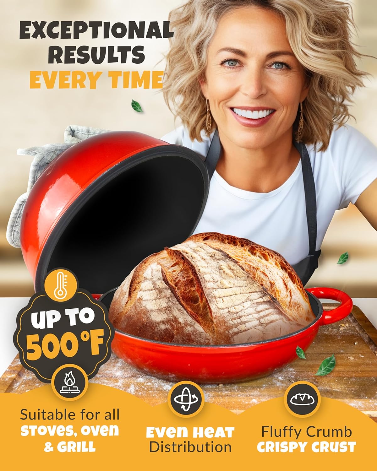 Dutch Oven Bread Baking - 5QT Enamel Bread-Oven - incl Sourdough Bread-Baking Suppliers like Dough Whisk Scoring Lame etc Bread-Dome Cast Iron Bread-Pan with Lid for Sour dough, Bread-making