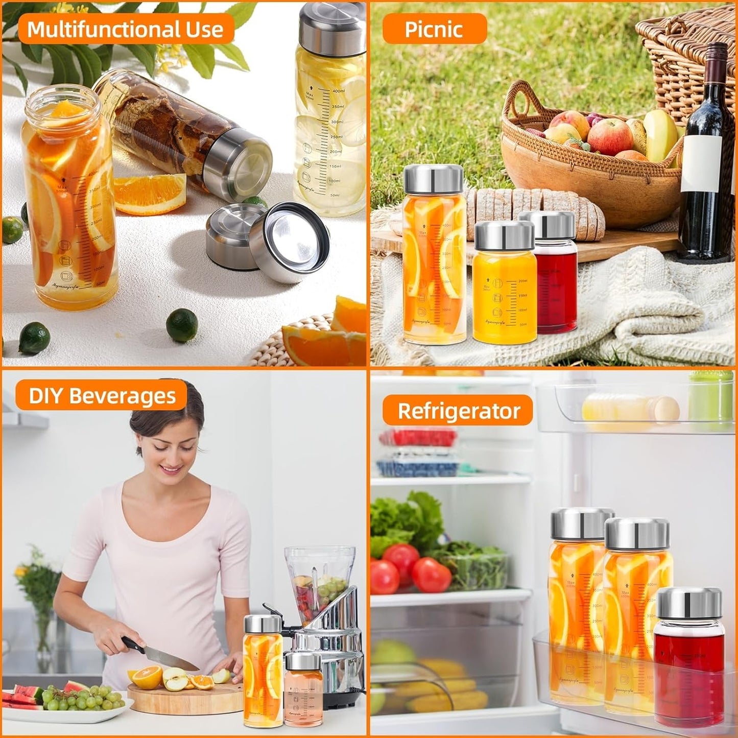 Glass Juice Bottles 4 Pack 16 oz - Wide Mouth Glass Water Bottles with Lids - for Juicing, Smoothies, Milk, Protein, BPA Free, Reusable, Stainless Steel Lids, Leak Proof, Shaker bottle (16oz/500ml)