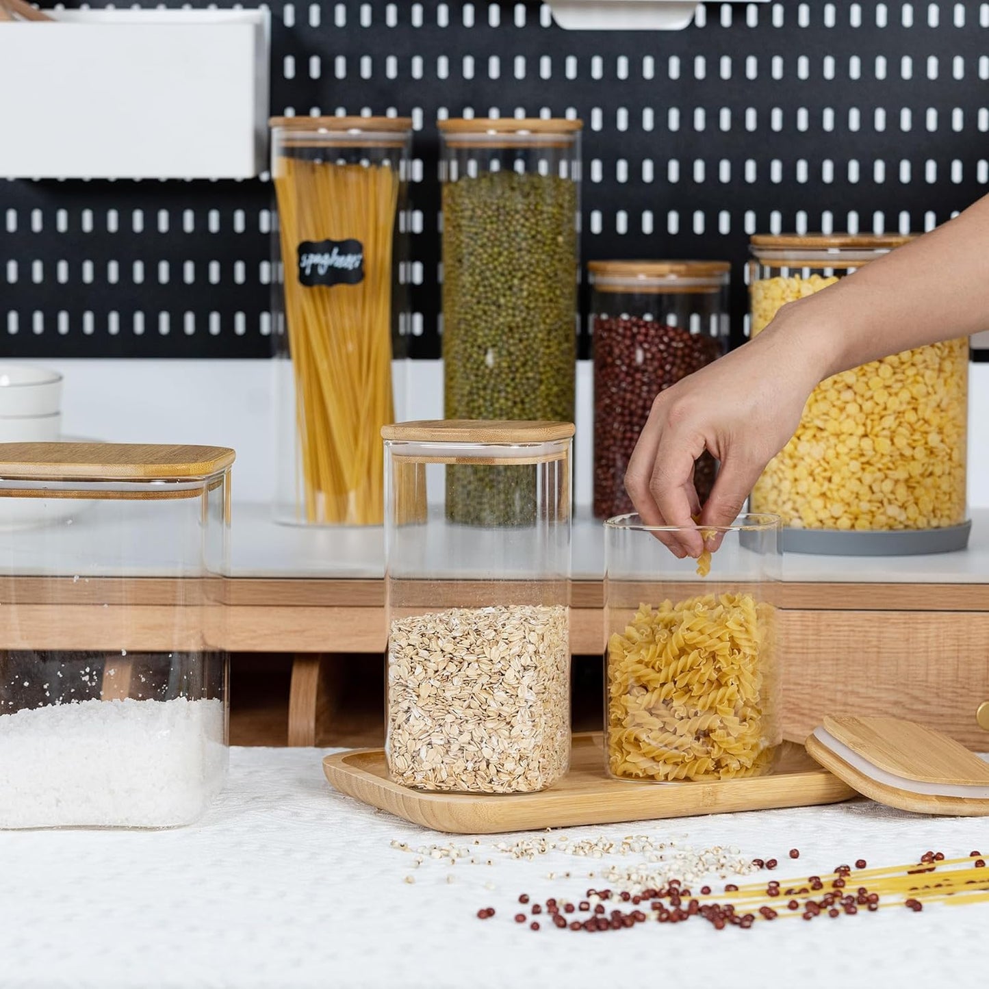 52oz Airtight Glass Square Storage Canister with Bamboo Lid Set of 3 (1550ml) Container Stackable Spice Jar, Kitchen Canister for Flour, Cookies, Cereal and Coffee beans (with Black Lable)