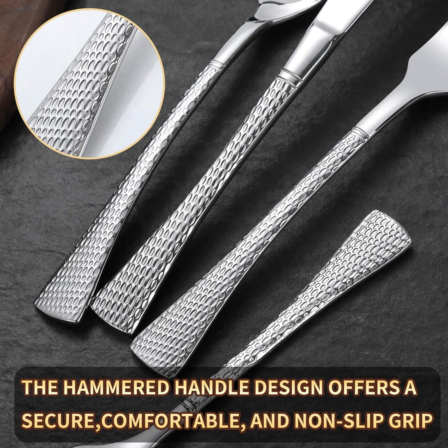 Hammered Silver Silverware Set for 8,Stainless Steel 40-Piece Modern Cutlery Set,Mirror Polished Heavy Duty Flatware Set Utensil Set,Knives Spoons and Forks Set,Dishwasher Safe