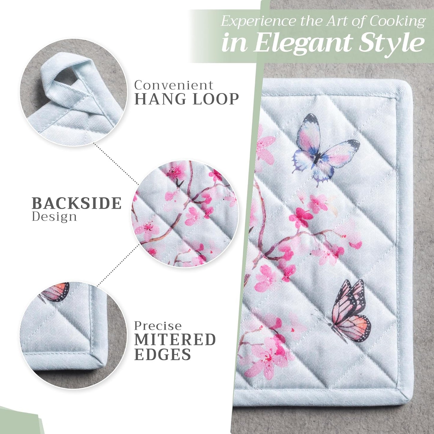 Maison d' Hermine 100% Cotton Oven Mitt & Pot Holder Set (7.5"x13" & 8"x8") Heat Resistant BBQ Cooking Gloves with Loop, Baking, Grilling, Kitchen, Handling Hot Pans Spring/Summer (Blossoms In Spring)