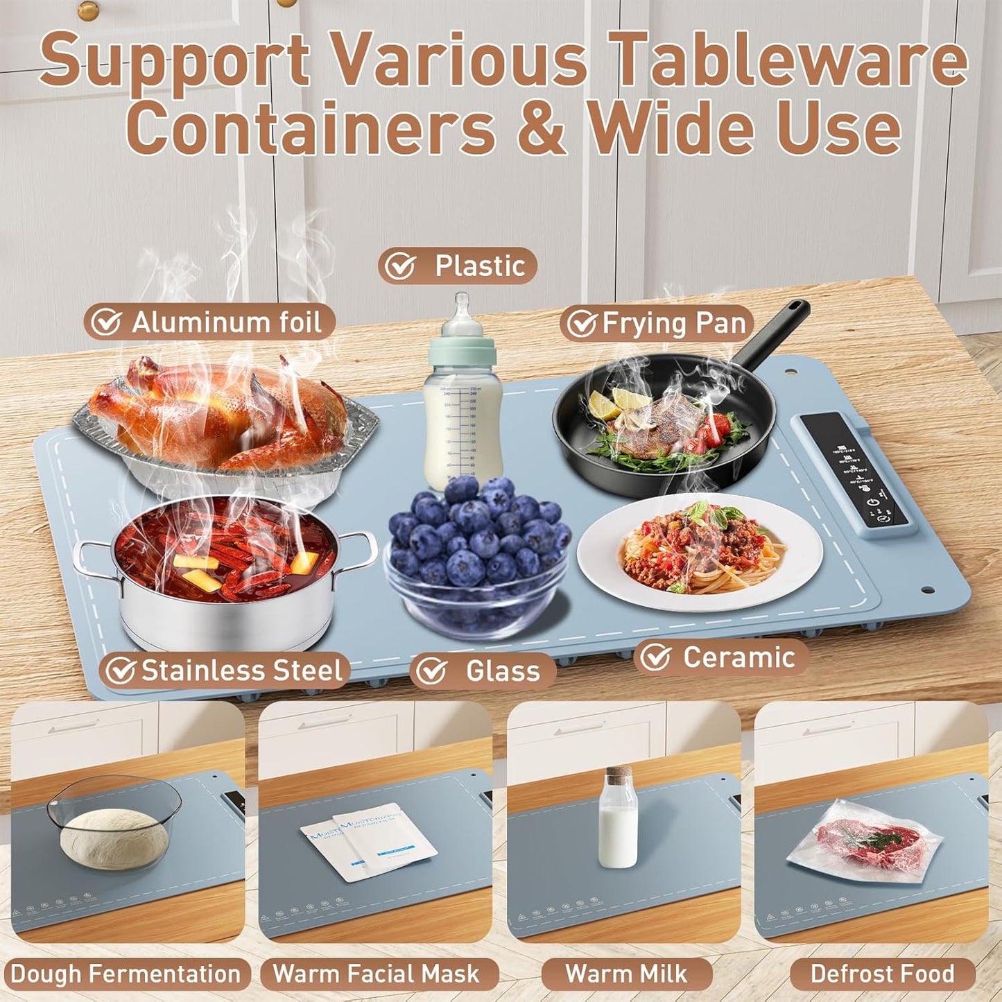 Food Warming Mat, 10S Rapid Heating Warming Mat for Food, Upgraded Heating Tech Food Warmer Mat with 4 Adjustable Temperature & Timer, Full Surface Electric Warming Trays for Buffets Parties Family