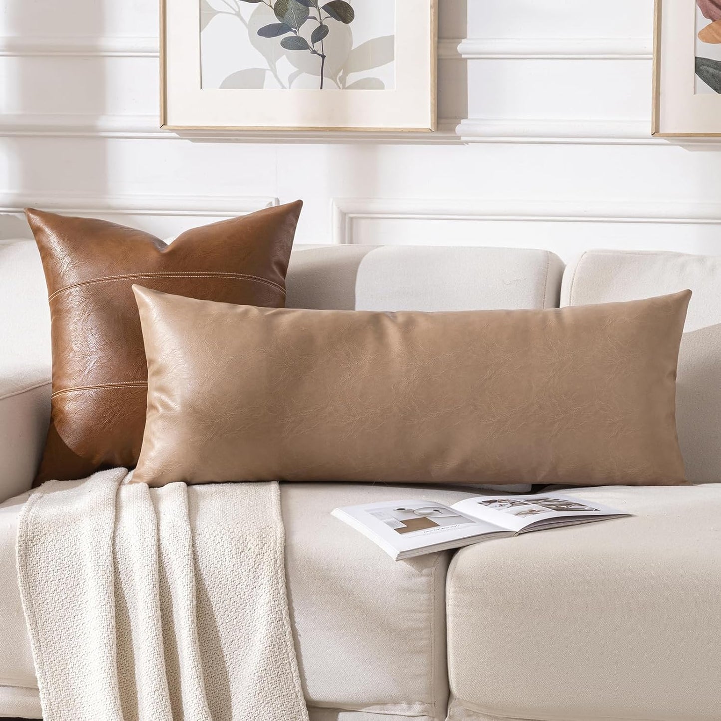 Fancy Homi Tan Long Lumbar Faux Leather Body Decorative Throw Pillow Cover 14x36 Inch for Bedroom Couch Bed Bench, Thick Beige Solid Rectangular Waterproof Cushion Case, Boho Farmhouse Room Decor