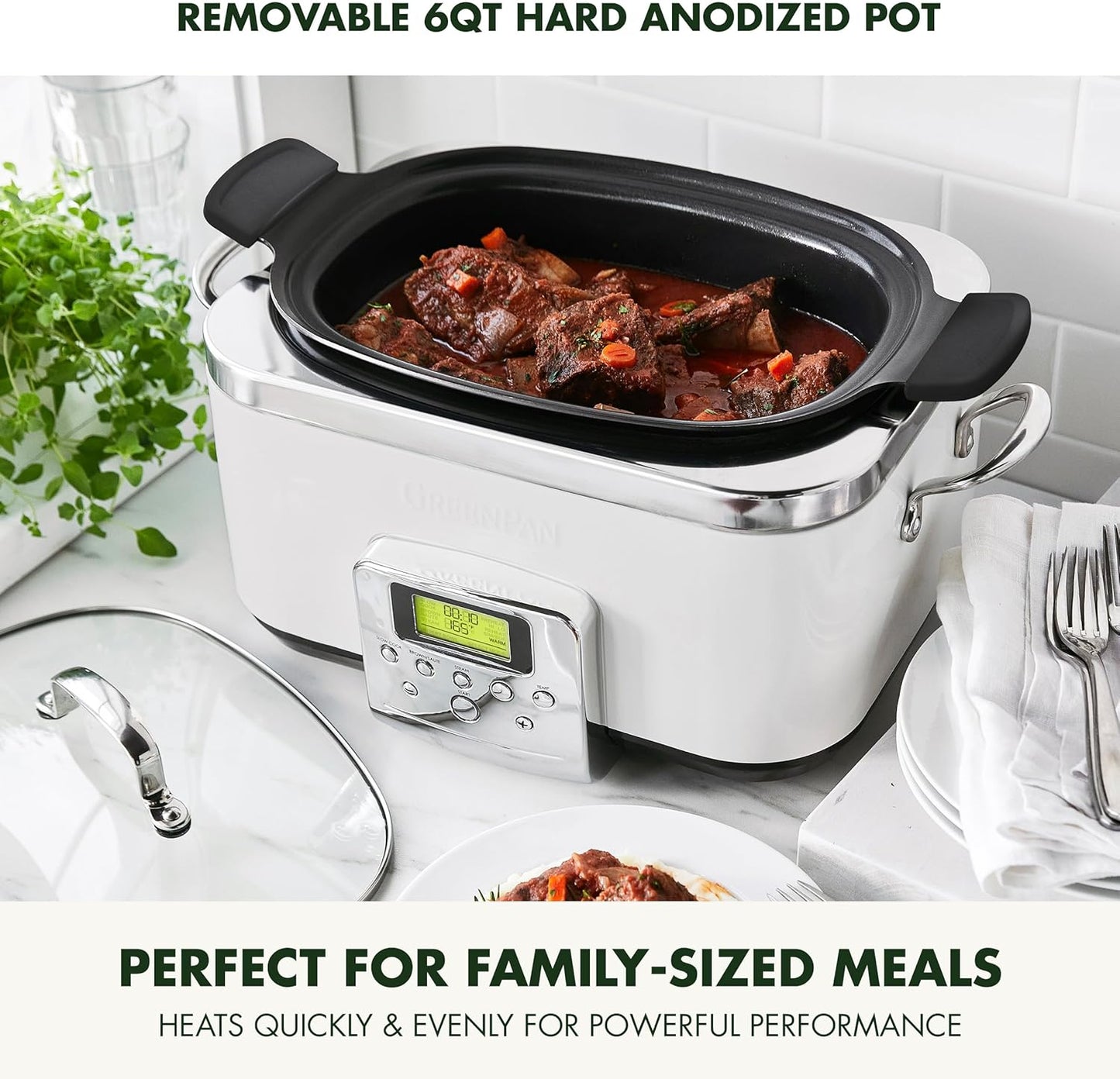 GreenPan Elite 8-in-1 Programmable 6QT Electric Slow Cooker, Dishwasher Safe Lid & Removable Crock, PFAS-Free Healthy Ceramic Nonstick Multi-Cooker, Sear, Sauté, Brown, Steam Basket, Roast, White