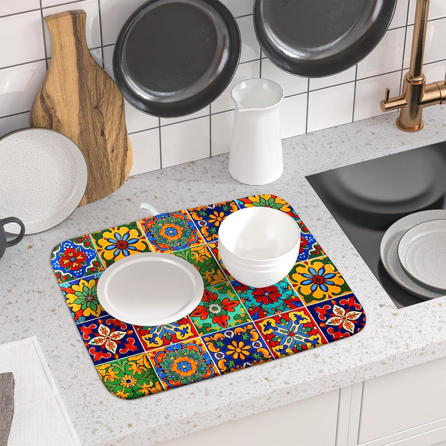 Mexican Tiles Dish Drying Mat for Kitchen Counter Absorbent Microfiber Dish Drying Pad Kitchen Gadgets Multi-use