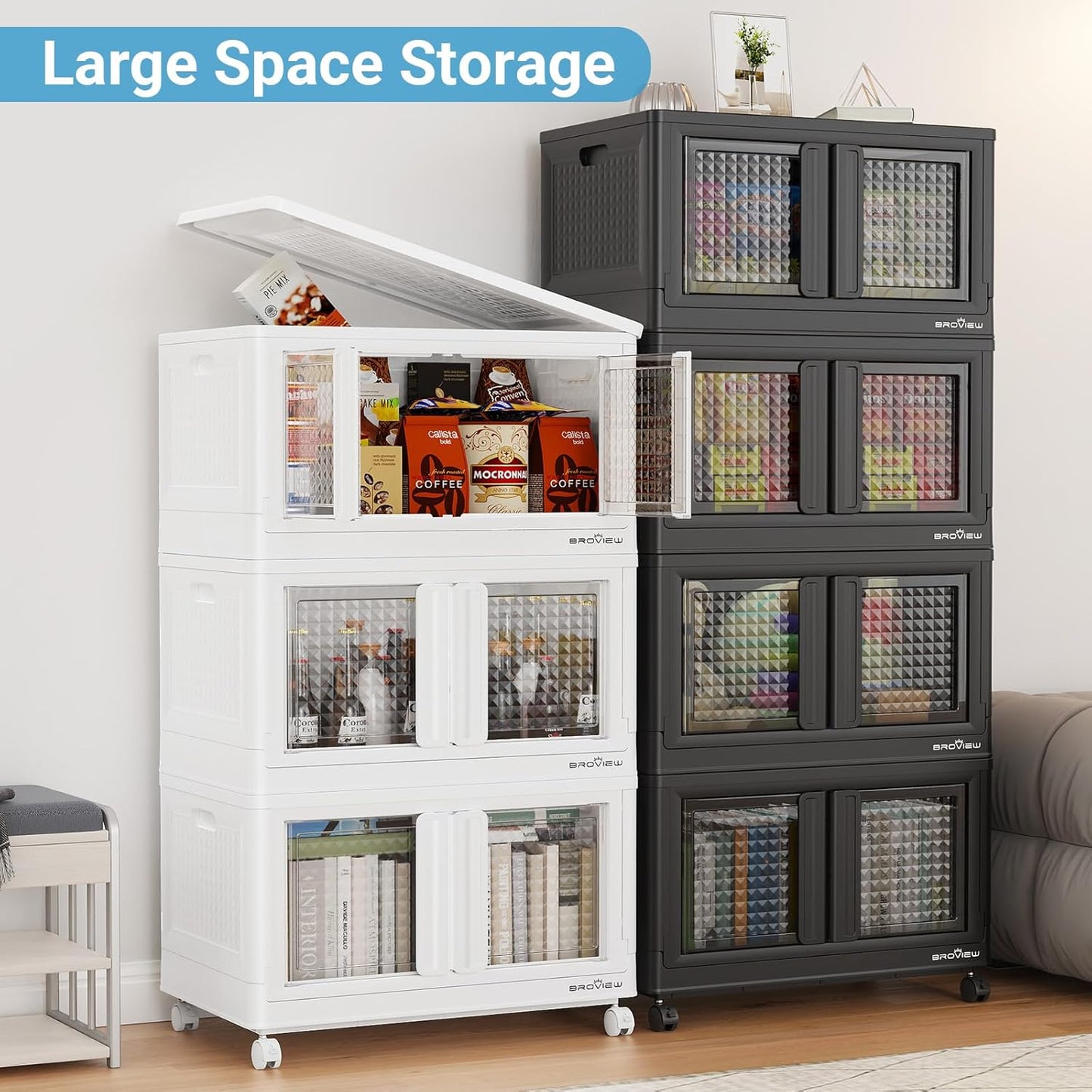 500Qt Stackable Storage Bins with Lids, 125Gal Closet Organizers and Storage Drawer, Plastic Collapsible Storage Bins with Doors, Heavy Duty Store Box Cabinet for Home Office, 5Pack Black