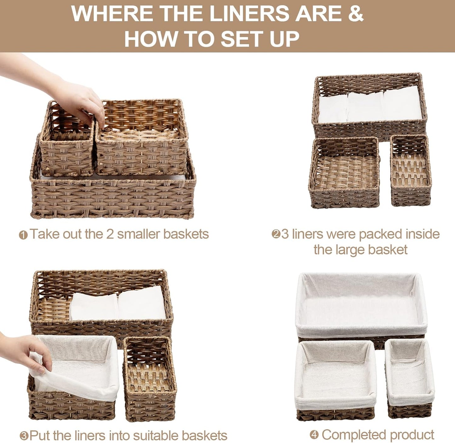 FairyHaus Wicker Baskets for Organizing, Waterproof Rectangle Small Storage Basket for Shelves, Nesting Lined Set of 3, Rustic Brown