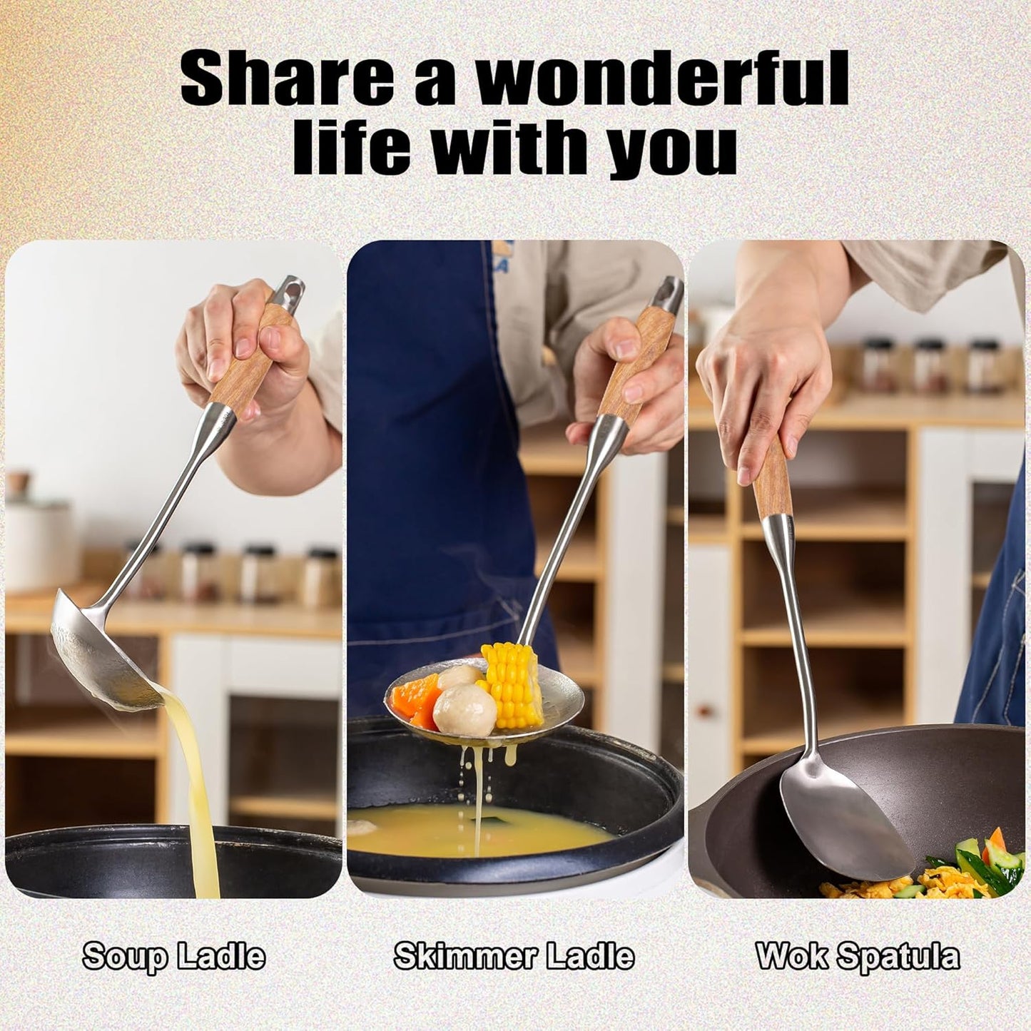 FJNATINH Wok Utensils - Wok tTools - Spatula and Ladle, Skimmer Spoon Set Metal 304 Stainless Steel Kitchen Cooking Utensils Sets, 3-Pieces Wok Tools, Wooden Handle 14-15 Inch
