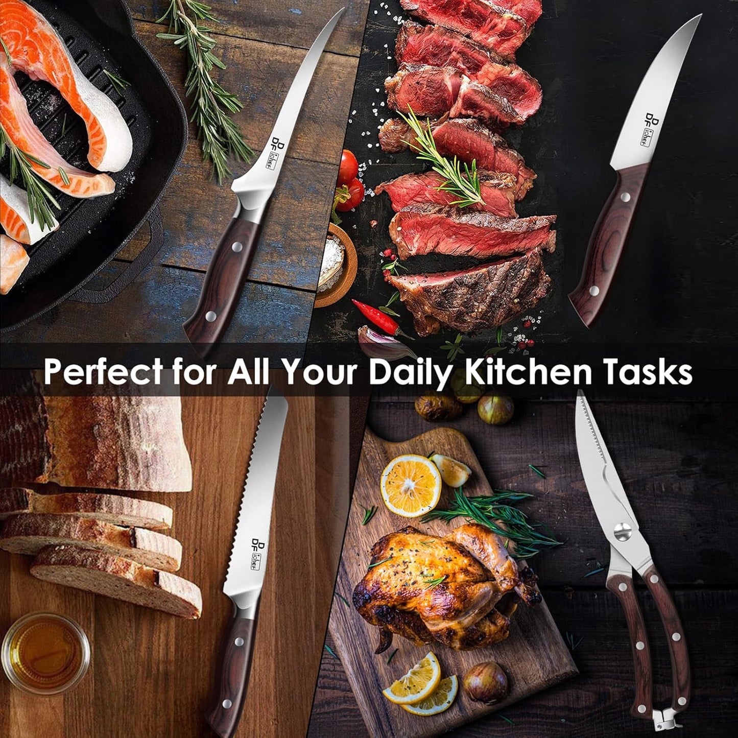 DDF iohEF Kitchen Knife Set, 16-Piece Knife Sets for Kitchen with Block Japanese Stainless Steel Knives Set with Sharpener Ultra Sharp Professional Chef Knife Set with Ergonomic Handle for Cutting