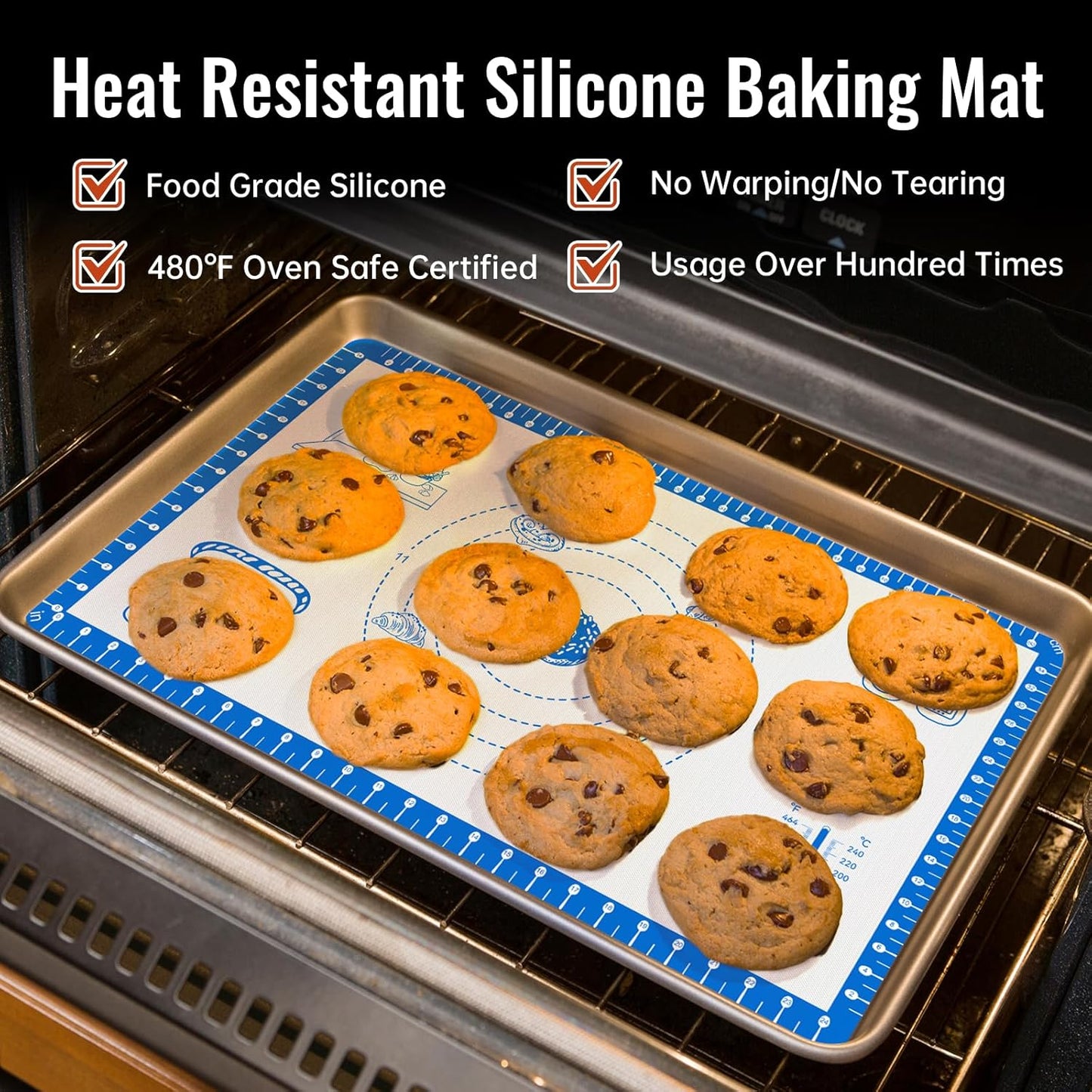 Baking Mats Silicone for Baking Sheet, non Stikc Pastry Mat for Dough Rolling, Silicone Macaron Baking Sheet for Cookie, Pizza, Surdough, Pastry,Dough Rolling out, Non Stik and 480ยฐF Oven Safe
