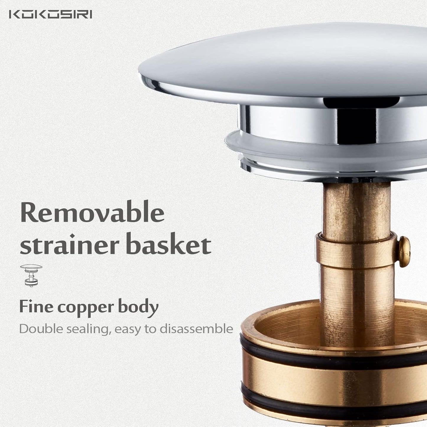 KOKOSIRI Bathroom Sink Drain with Detachable Hair Catcher, Polished Chrome Pop Up Sink Drain with Strainer Basket Anti Clogging for Vanity Vessel Sink with Overflow, C1001CH