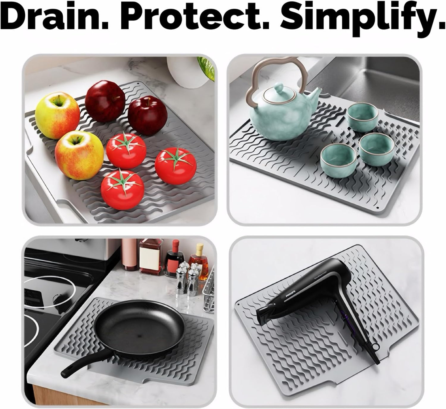 Silicone Dish Drying Mat for kitchen Countertop, Heat Resistant Mats, Dish Drainers for Kitchen counter, Hot Pot Holders, Dish Drying Rack with Built in Drain,(Gray, 15.6"x13")