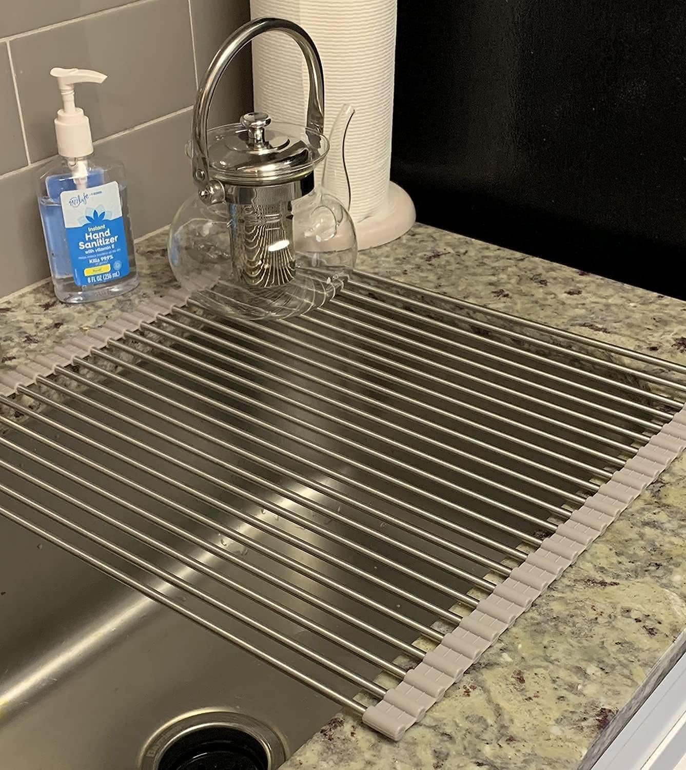 Ahyuan Roll up Dish Drying Rack Over The Sink Kitchen Roll up Sink Drying Rack Portable Dish Drainer Foldable Dish Drying Rack (Warm Gray, 17.8''X17'')