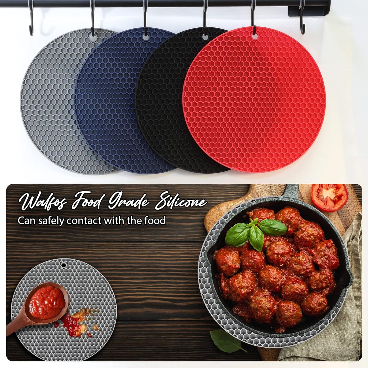 Joyhalo Trivets for Hot Dishes - Hot Pads for Kitchen, Silicone Pot Holders for Hot Pots and Pans, Silicone Mats for Kitchen Countertops, Table, Flexible Easy to Wash and Dry, Grey
