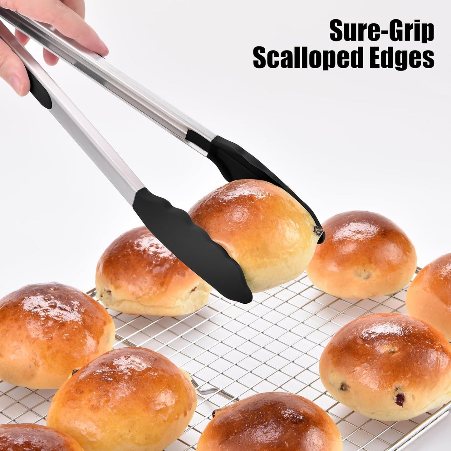 Doosu Kitchen Tongs for Cooking - 600°F Heat Resistant Food Tong Set with Non-Scratch Silicone Tips, Heavy Duty Stainless Steel Locking Tong for BBQ, Grilling Steak, Serving Salad (9+12in, Black)