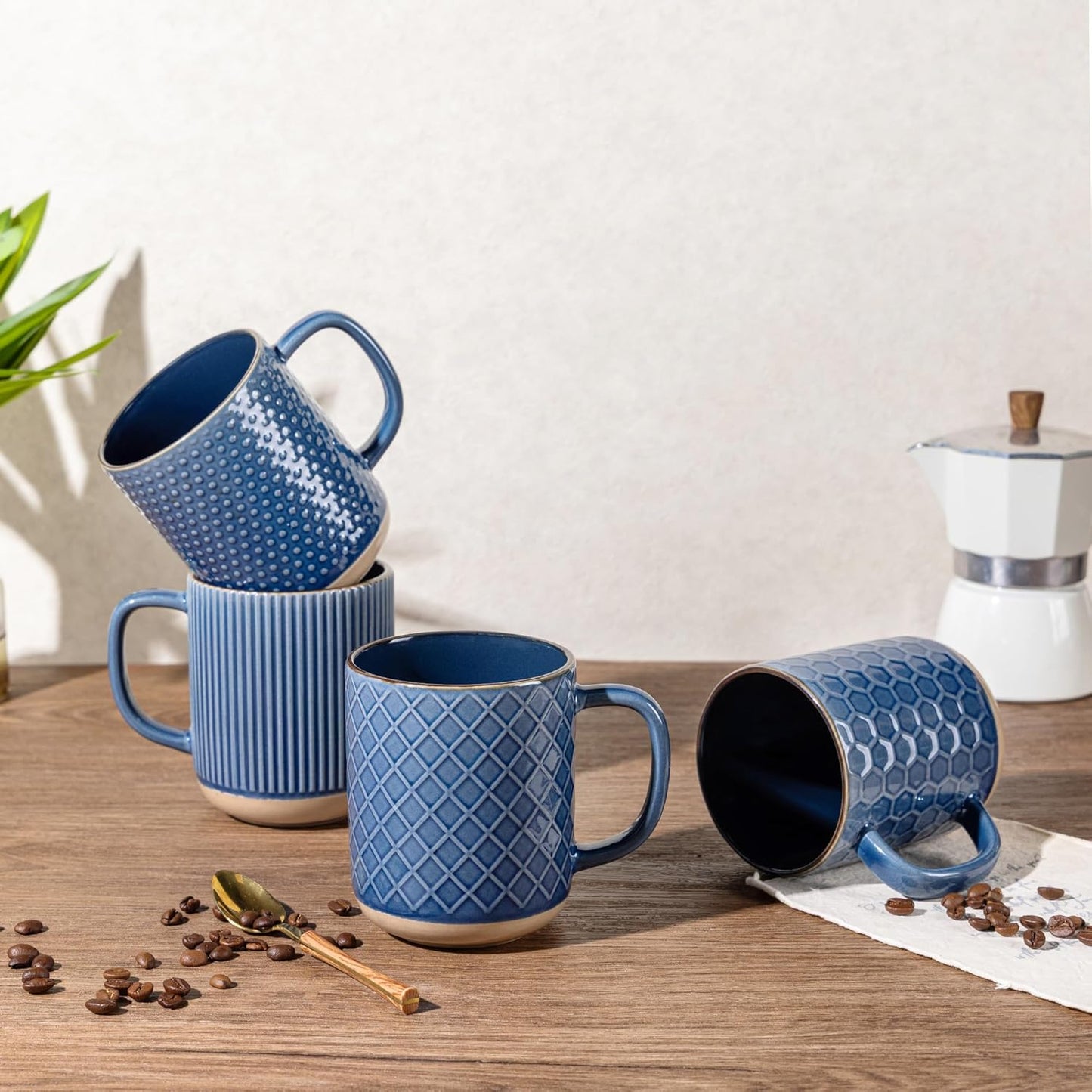 GBHOME Large Coffee Mugs Set of 4, 16oz Handmade Stoneware Coffee Mugs Set with Large Handle for Cappuccino/Latte/Tea/Hot Cocoa, Dishwasher & Microwave Safe, Moonlight Blue