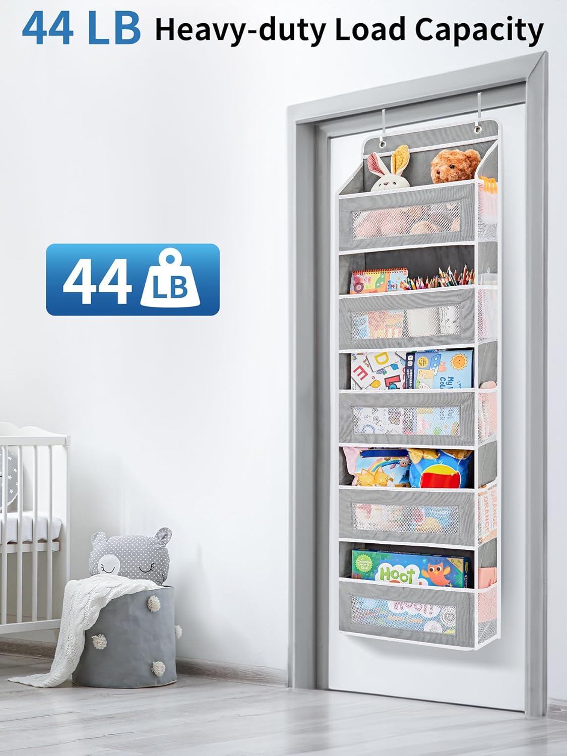 JARLINK 2 Pack Over the Door Organizer Storage, 5 Shelf Hanging Door Organizer with 5 Large Capacity Pockets, Anti Tilt 44 lb Load Behind Door Storage for Bedroom, Bathroom, Pantry, Nursery, (Grey)