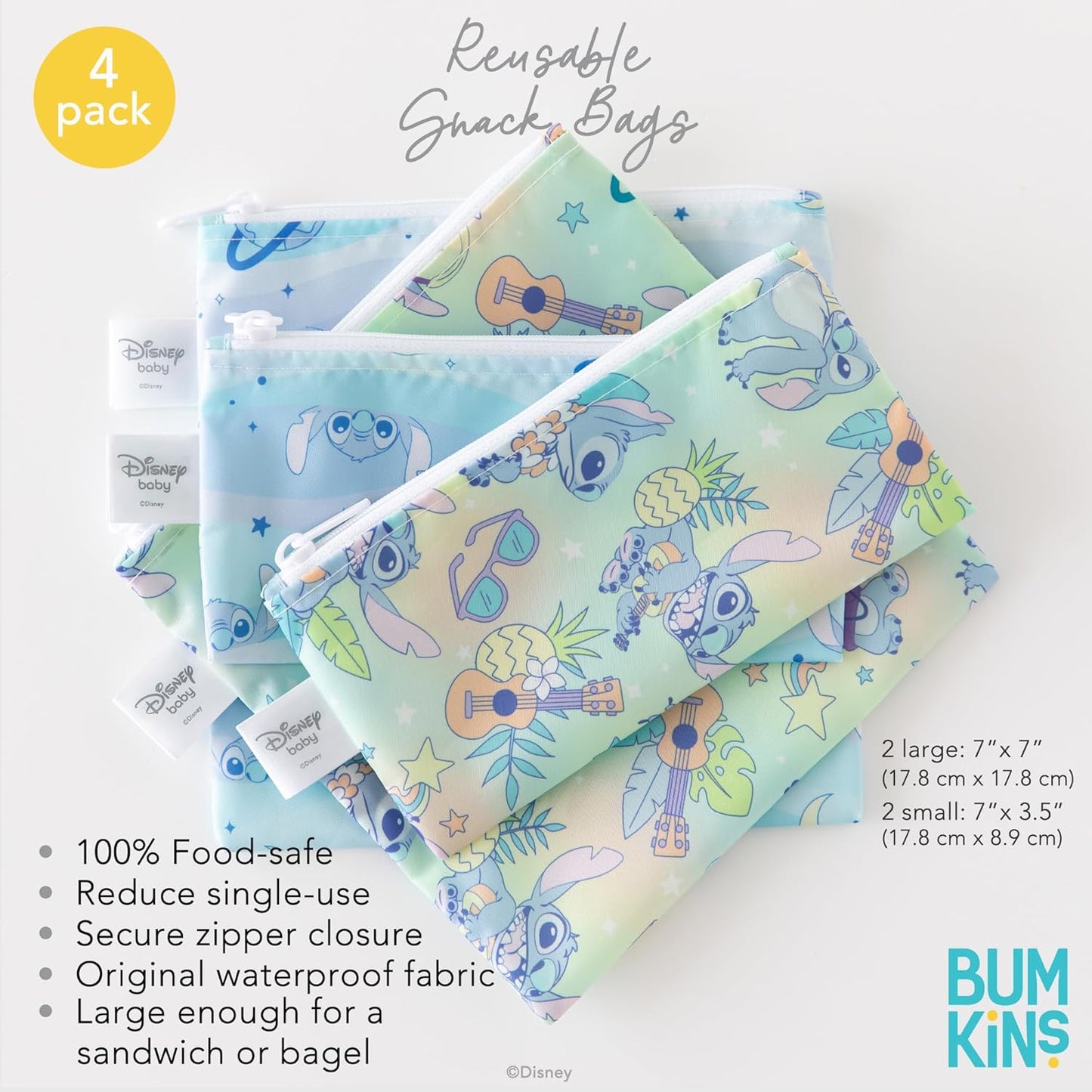 Bumkins Reusable Sandwich and Snack Bags, for Kids School Lunch and for Adults Portion, Washable Fabric, Waterproof Cloth Zip Bag, Travel Pouch, Food-Safe Storage, 4-pack Set Disney Stitch