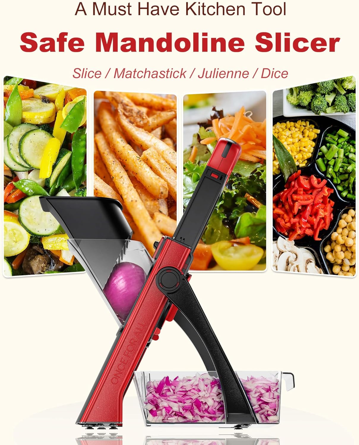 ONCE FOR ALL Safe Mandoline Slicer For Kitchen, Biger Size, Adjustable Vegetable Chopper Food Slicer Potato French Fry Cutter with Peeler, Detachable, Kitchen Chopping Artifact (Red)