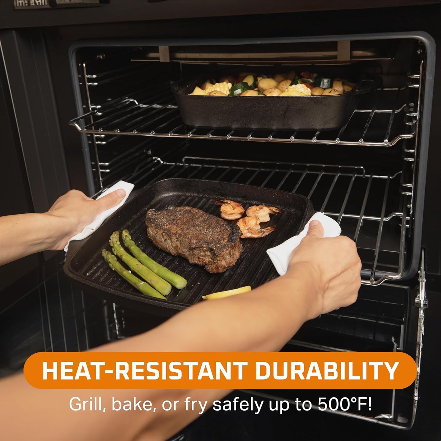 Bruntmor 2-in-1 Pre-Seasoned Cast Iron Dutch Oven and Grill Pan with Dual Handles - 11-Inch Non Stick Square Casserole Dish with Lid - Cast Iron Cookware for Braising, Crock Pot and Oven Safe Skillet