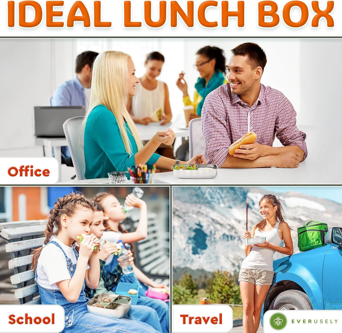 Everusely - Bento Box - Orange, 27oz / 0.8 L - Stainless Steel Lunch Box with Leakproof Condiment Container - 3 Compartment Snack Organizer for On the Go Meals - Freezer & Dishwasher Safe