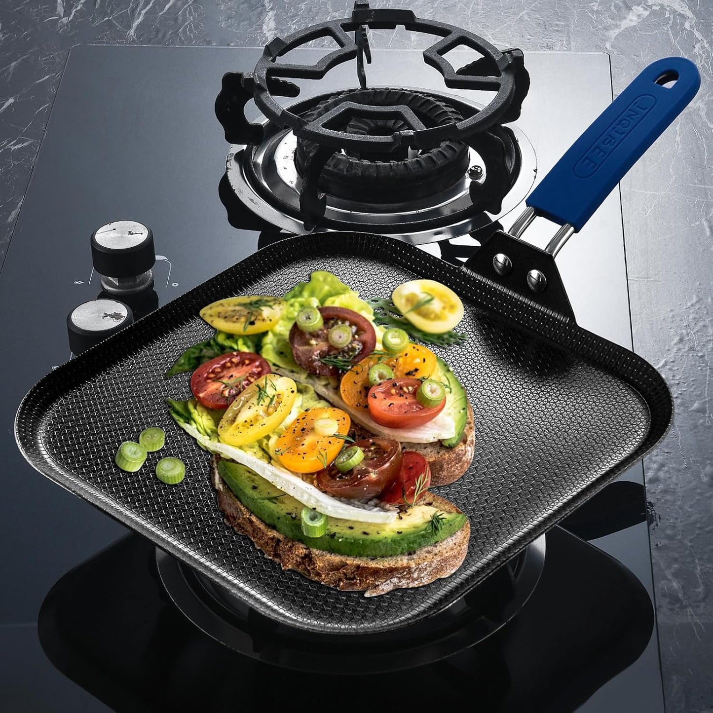 Inqibee 11 Inch Tri-ply Stainless Steel Square Griddle Pan,Hybrid Ceramic Nonstick Pancake Pan,Anti-scratch,Silicone Heat-resistant Handle,Dishwasher and Oven Safe.
