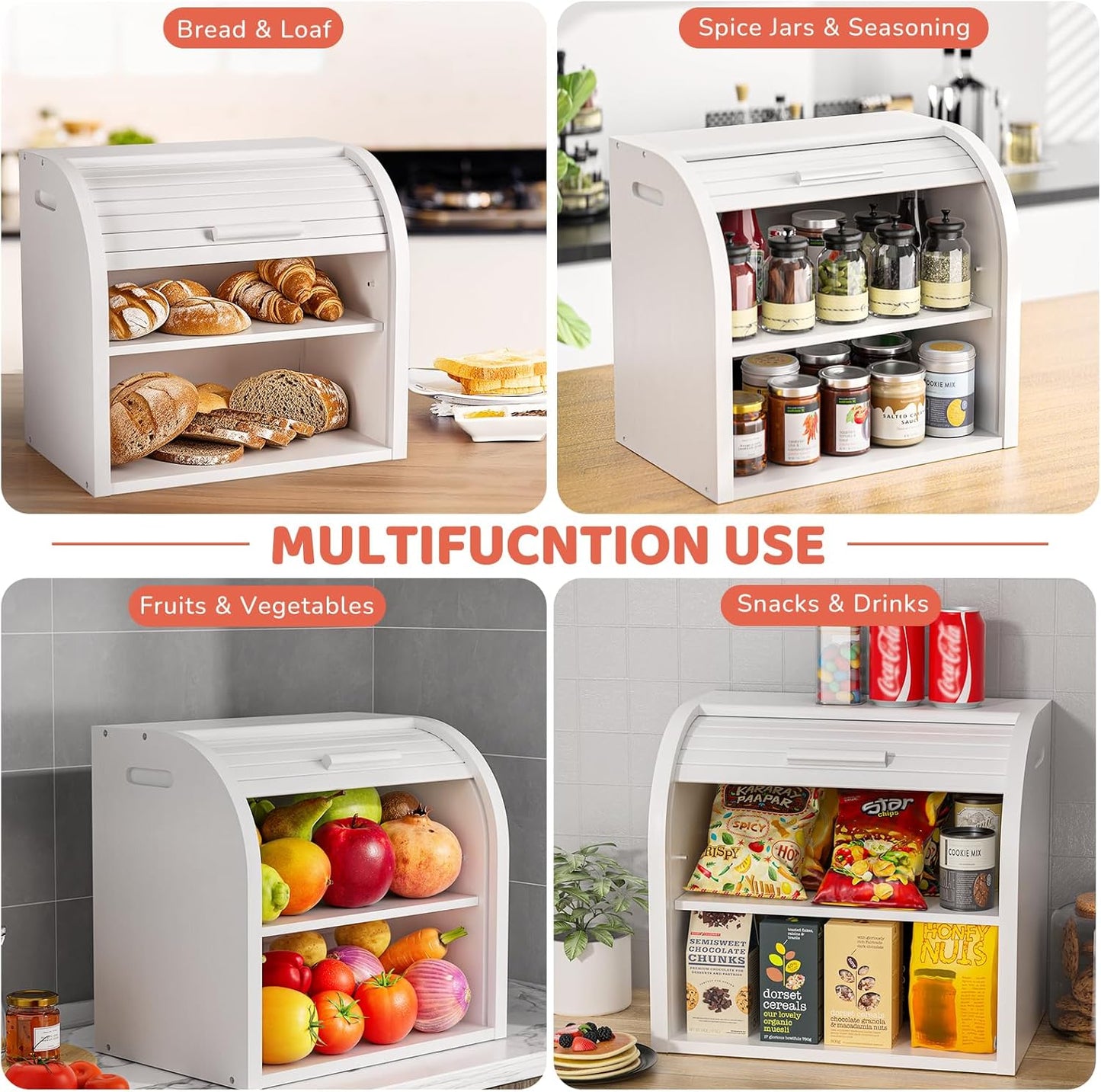 G.a HOMEFAVOR Bread Box: Large 2-Tier Bamboo Roll Top Bread Storage Container for Kitchen Counter, Bread Holder Food Bin for Countertop, Self-Assembly, White