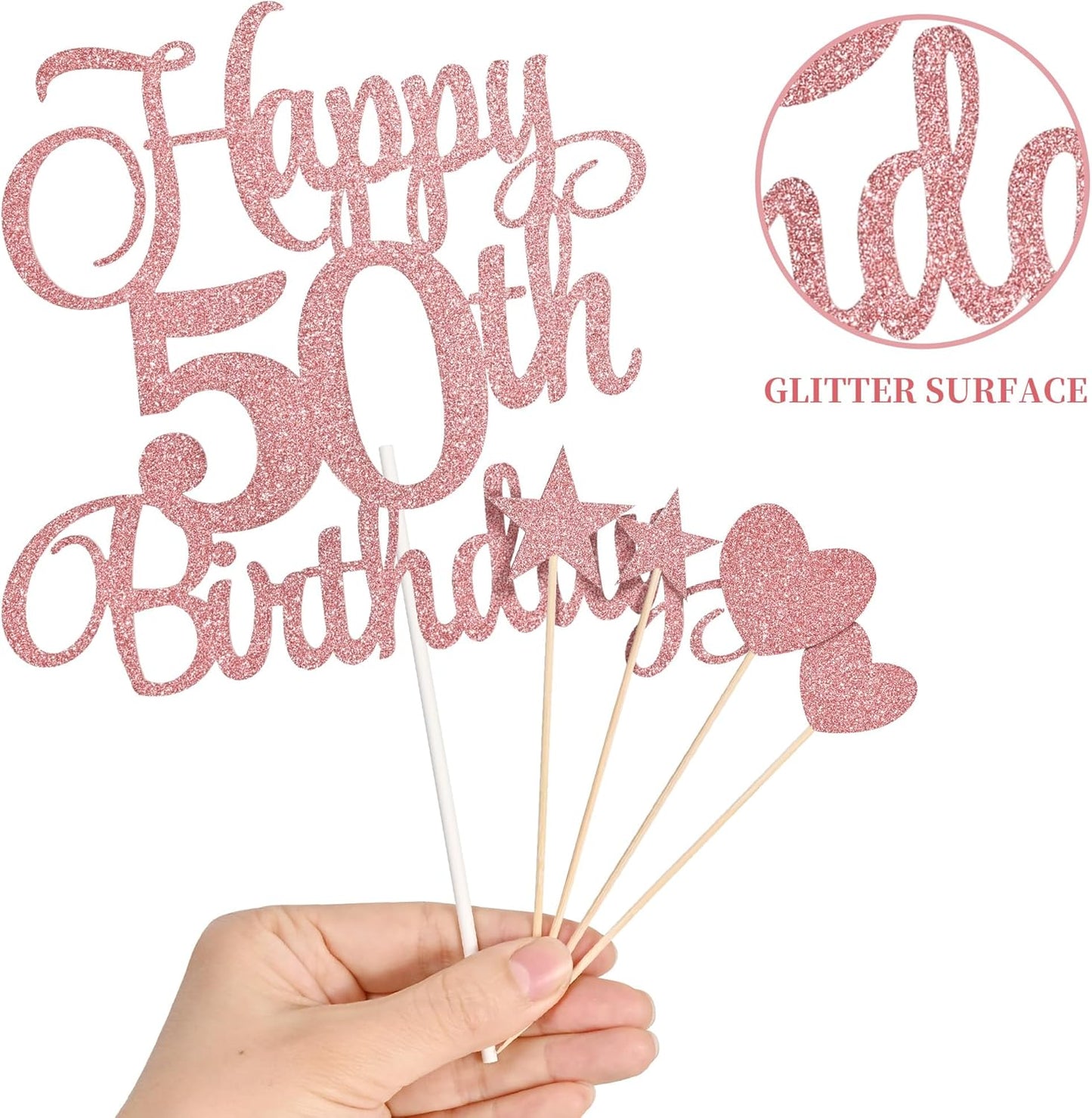 50th Birthday Cake Decorations, 50th Birthday Candles Cake Numeral Candles and Glitter Happy 50th Birthday Cake Toppers Set for Birthday Party Supplies (Rose Gold)