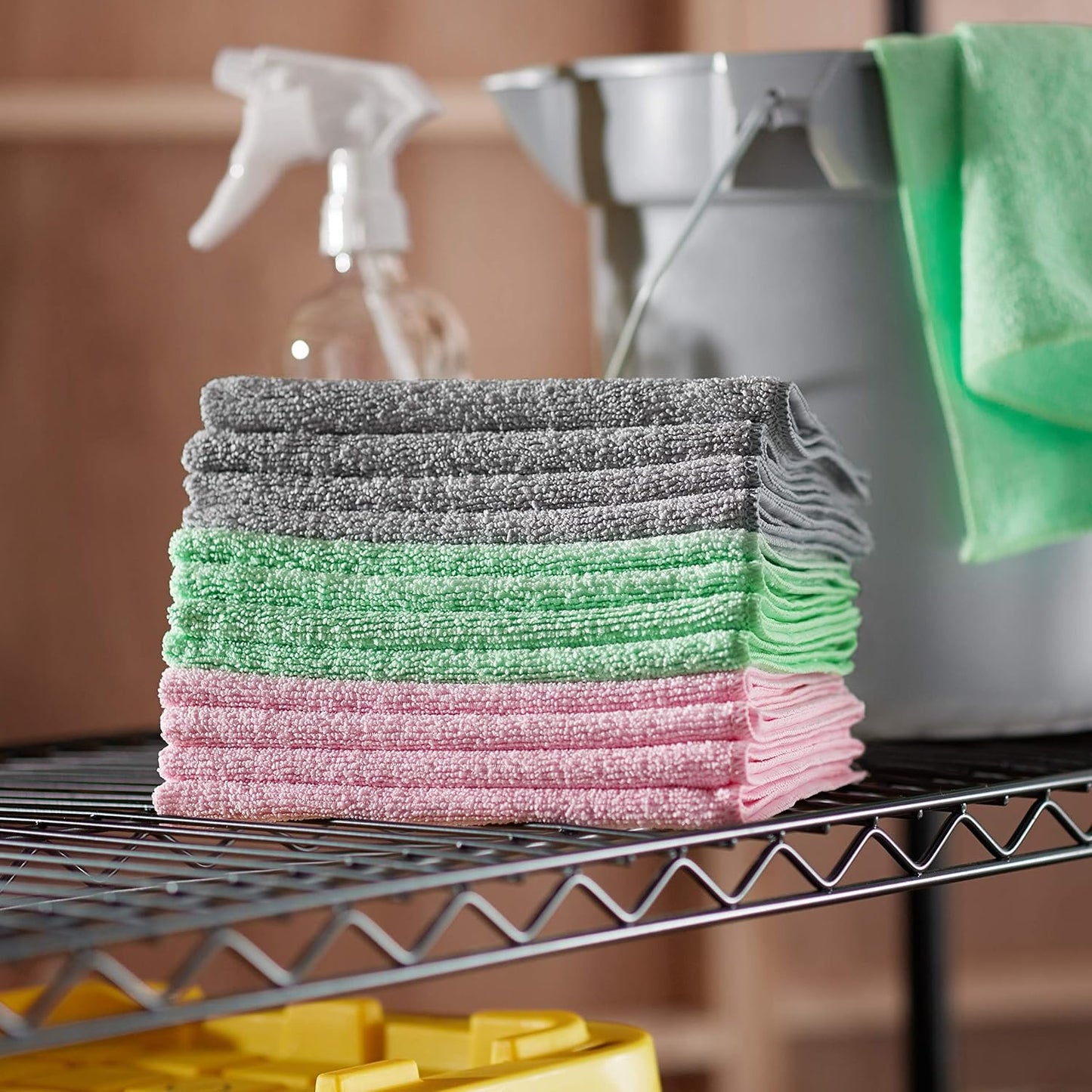 Amazon Basics Microfiber Cleaning Cloths, Ultra Soft and Absorbent, Free from Streaks/Lint/Scratch for Cars, 16" x 12", Green/Gray/Pink, 24-Pack