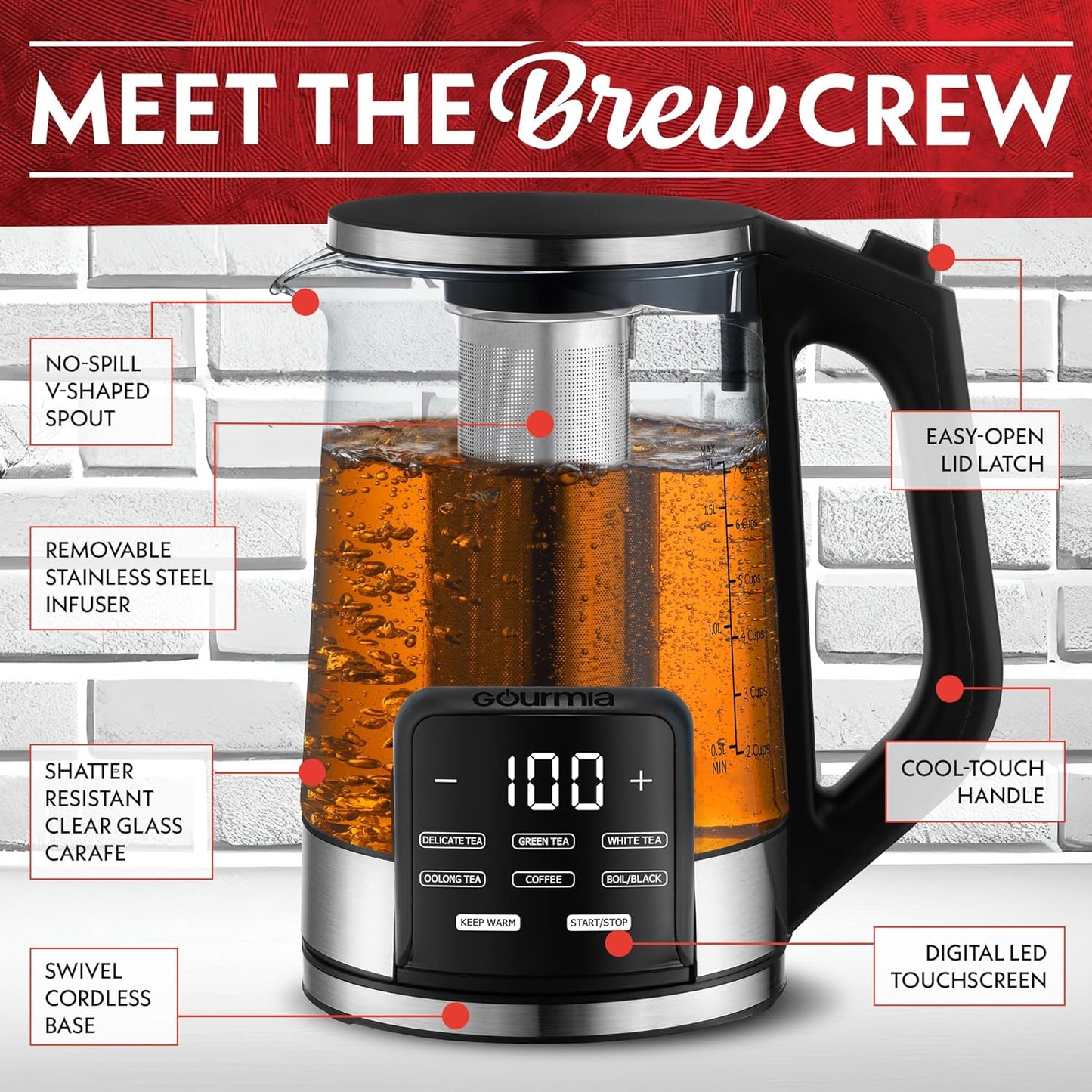 Gourmia Electric Programmable Glass Kettle – 1.7L Temperature Control Tea & Coffee Kettle with Digital Touch Display, 6 Presets, Keep Warm, Removable Stainless Steel Infuser, 360° Swivel Base – Peach