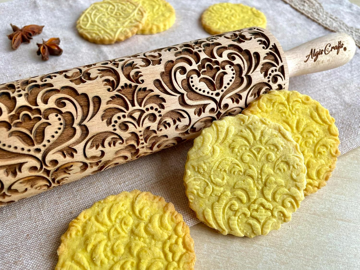 DAMASK Rolling Pin. Embossed cookies with flowers DAMASK PATTERN. Wooden embossing rolling pin with ORIENTAL FLOWERS for Homemade Cookies and Pottery by Algis Crafts