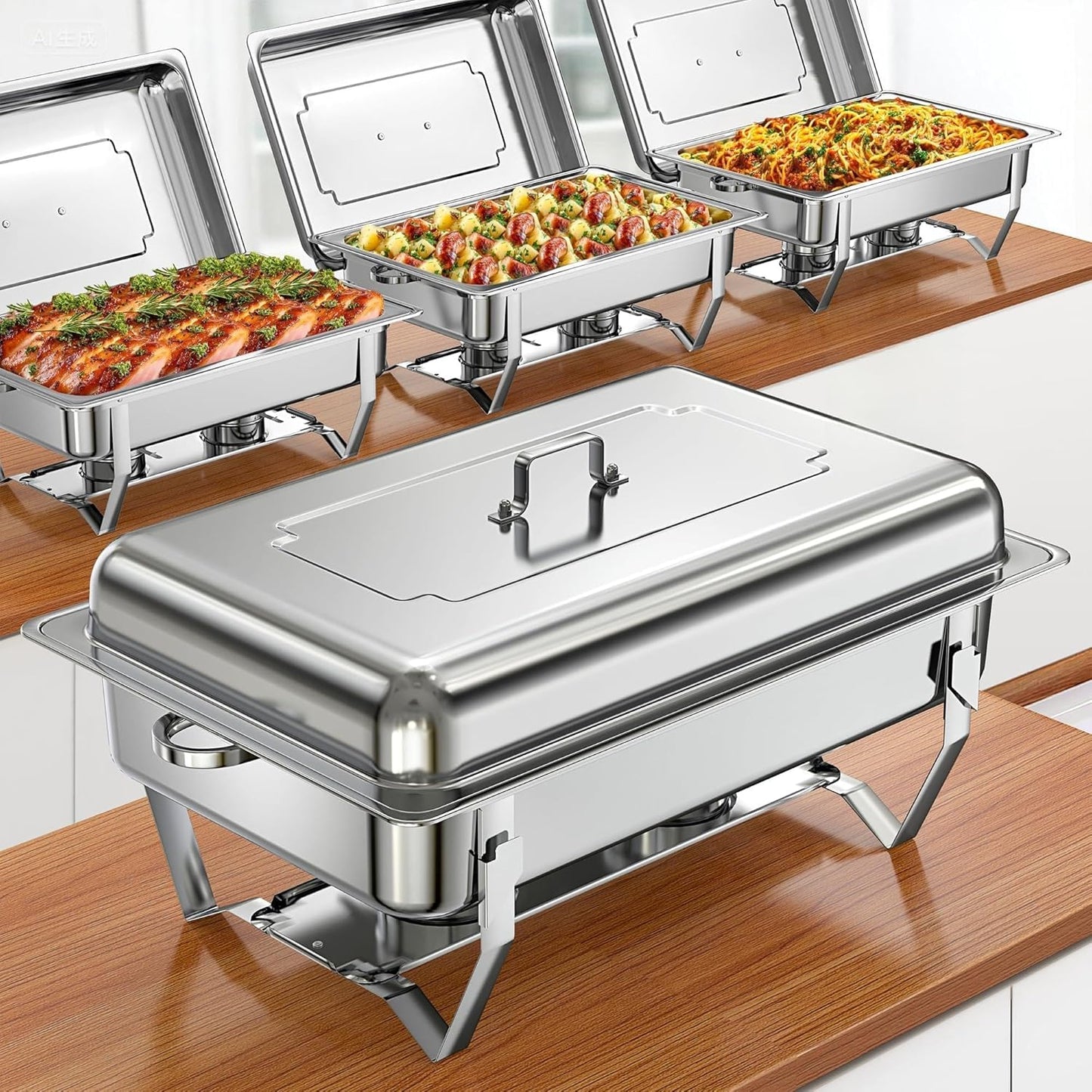 Chafing Dishes for Buffet 9QT 4 Pack, Easy Assembly, Food-Grade Stainless Steel Chafers for Catering w/Rolled Edge Design, Foldable Frame, for Party, Banquet (Full Size Food Pan)