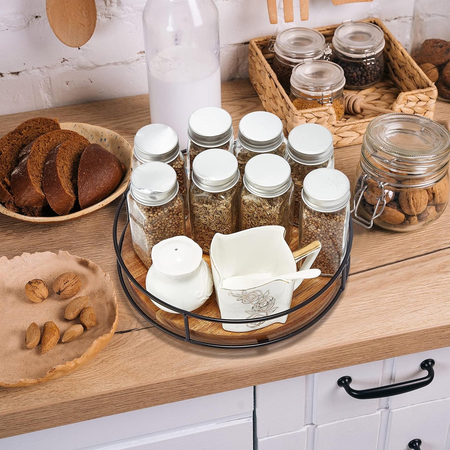 9" Acacia Wood Lazy Susan Turntable, Tomoaza Kitchen Organizer Turntable with Steel Sides, 360 Degree Lazy Susan for Countertop Cabinet or Dining Table