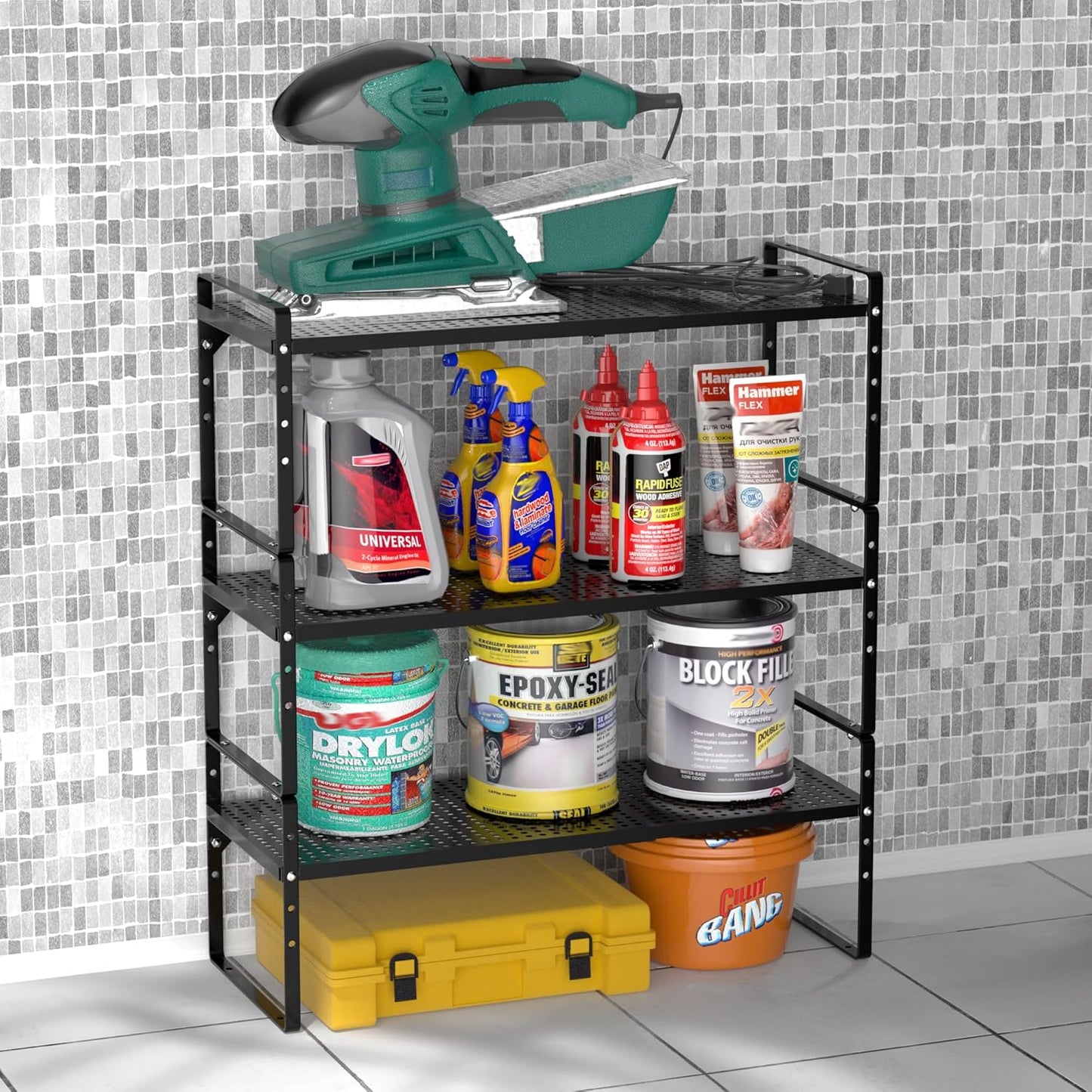 iPEGTOP 3 Pack Large Expandable Cabinet Storage Shelf, Heavy Duty Stackable Steel Metal Spice Rack Adjustable Height Home Office Pantry Garage Shelves for Counter Kitchen Organization, Black