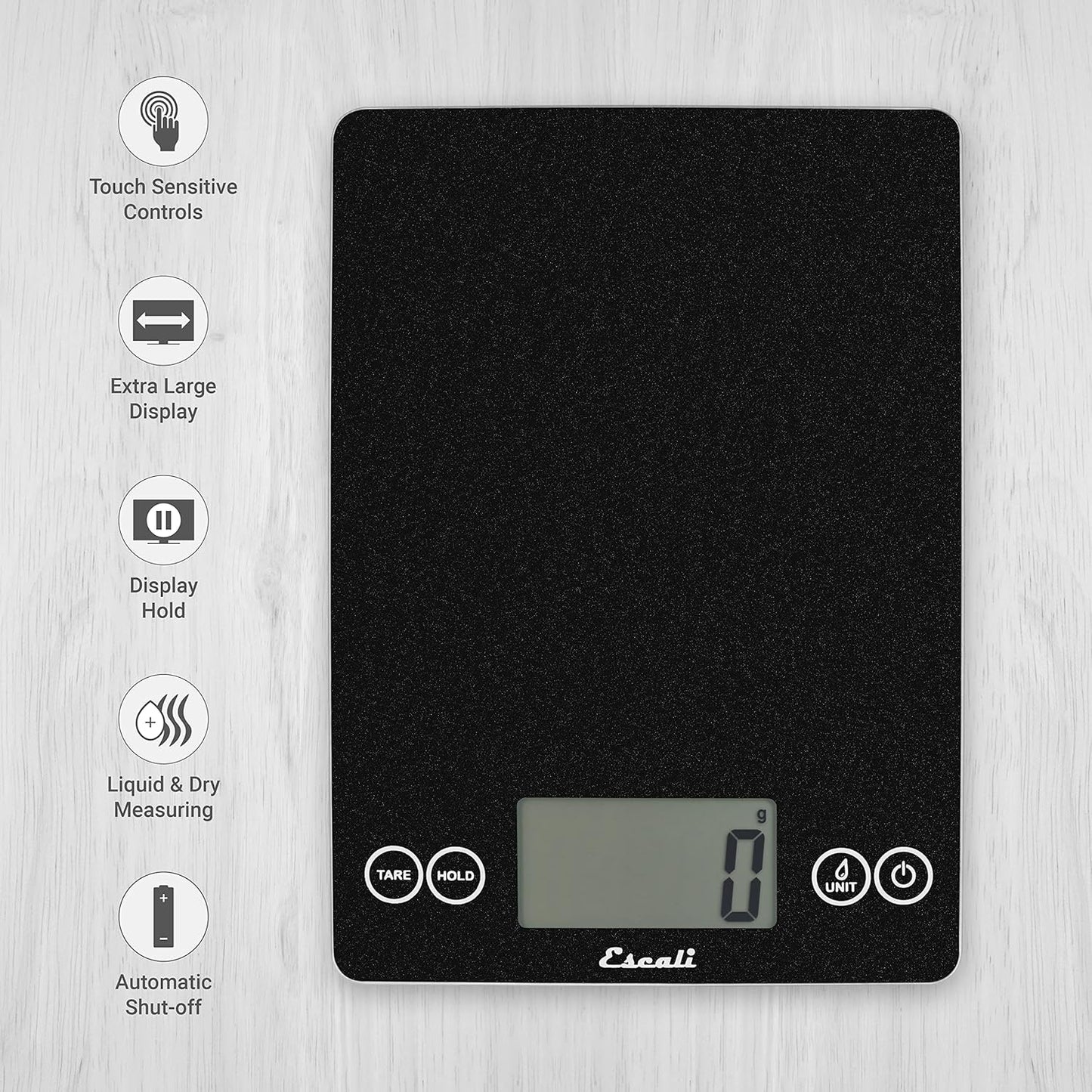 Escali Arti Glass Food Scale Digital Countertop Kitchen, Baking and Cooking Scale with Nutrition and Calorie Counter, 15-Pound Capacity, 9" x 6.5" x .75", Black
