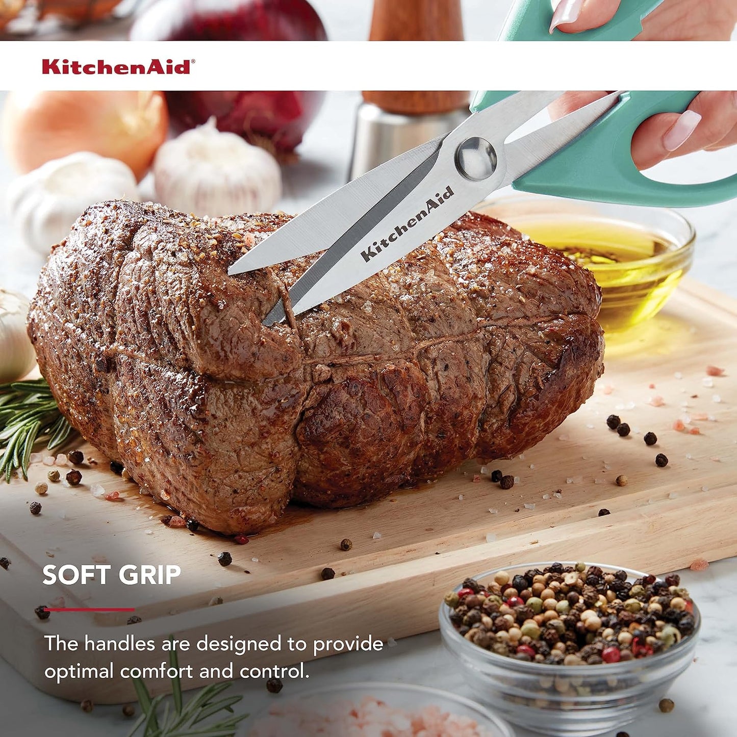 KitchenAid All Purpose Kitchen Shears with Protective Sheath Durable Stainless Steel Scissors, Dishwasher Safe, Soft Grip Comfort Handle, 8.72 Inch, Aqua Sky