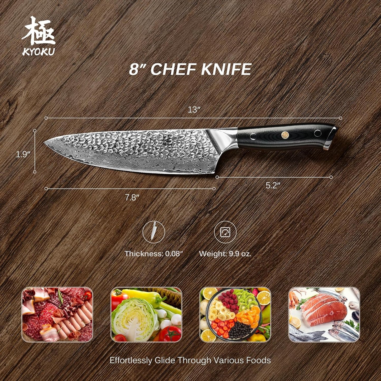 KYOKU Chef Knife - 8"- Shogun Series Japanese VG10 Steel Core Hammered Damascus Blade Kitchen Knife - with Sheath & Case