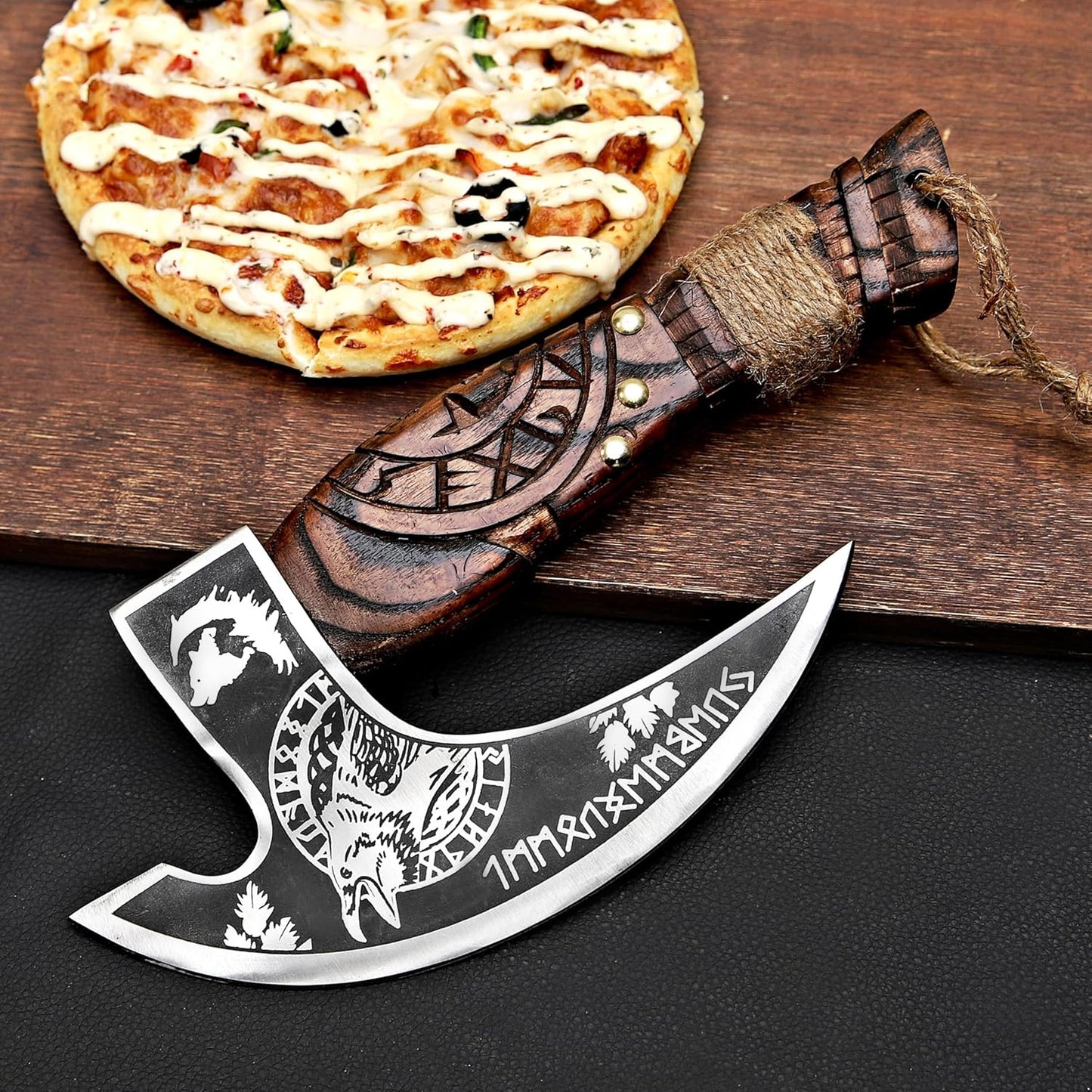 MR. CRAFT Pizza Cutter Axe Rocker Carbon Steel Slicer Chef Pizza Cutter Viking Axe with Leather Cover - Premium Pizza Oven Accessories Ulu Rocking Pizza Gift Gifts for Men (Brown Eagle)