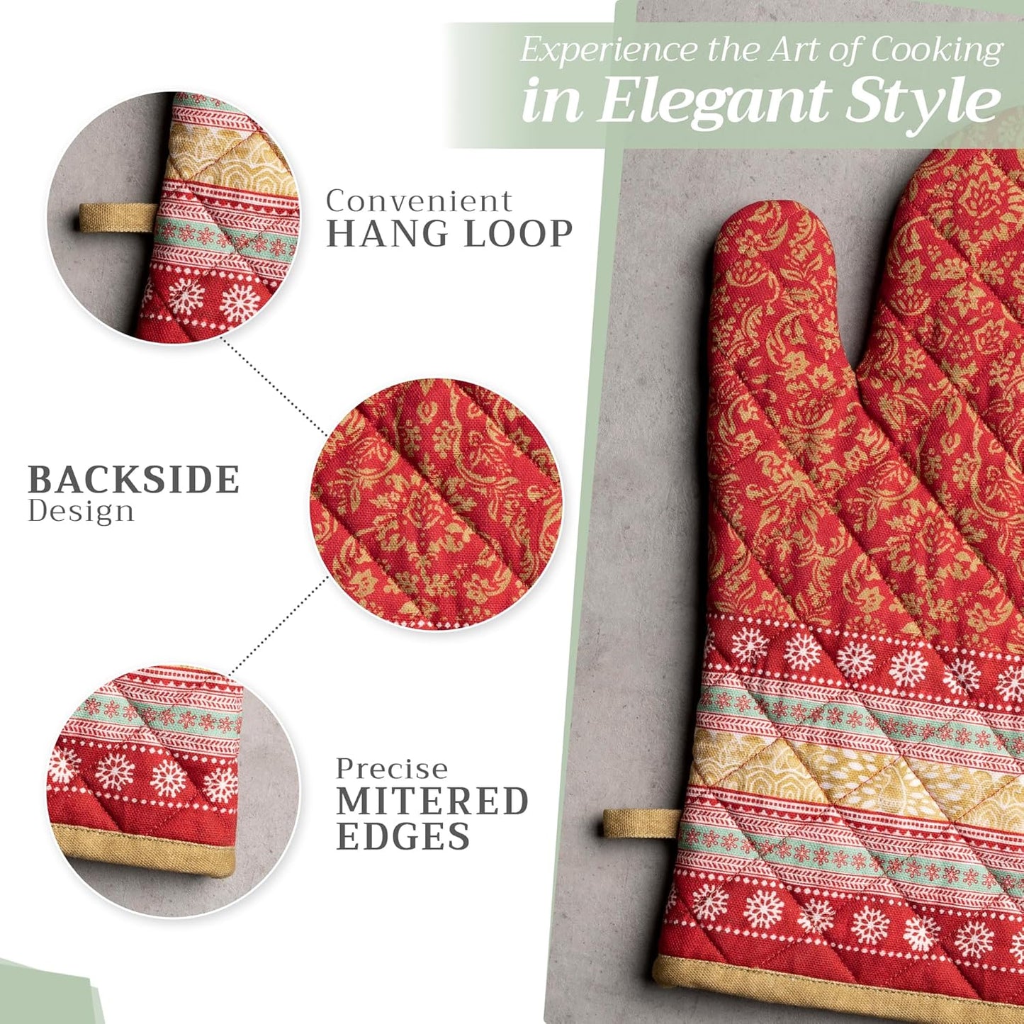 Maison d' Hermine 100% Cotton Oven Mitt & Pot Holder Set (7.5"x13" & 8"x8") Heat Resistant BBQ Cooking Gloves with Loop, Baking, Grilling, Kitchen, Handling Hot Pans (Sofia)