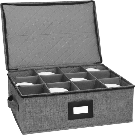 Mug Storage Box with Dividers, China Storage Containers for Tea Cups and Coffee Mugs with Zipper Lid