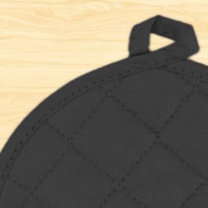 Set of 4 Oven Mitts and Pot Holder Heavy and Tall Kitchen Cotton Gloves Lined Towelcloth, Gloves Length 40cm, Pot Holder Width 20cm Diameter Round… (Black)