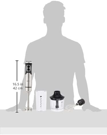Amazon Basics Multi-Speed Immersion Hand Blender for Kitchen Mixing, Smoothies, Soups, 500 Watt Powerful, with Blending Stick, Whisk, Chopper and Beaker, Silver