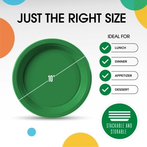Exquisite Party Solids Emerald Green Plastic Plates For Party 10" Emerald Green Disposable Plates Heavy Duty Supplies 100 Pcs Plastic Dinnerware Sets Heavy Duty 350 GSM Disposable Dinnerware Set